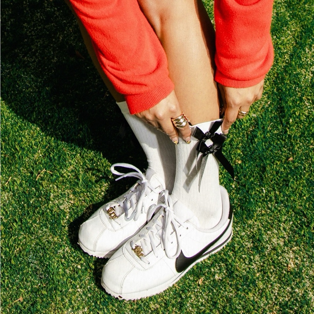 CHRISTINE GARCIA White Mid Crew Socks with Black Satin Double Bows